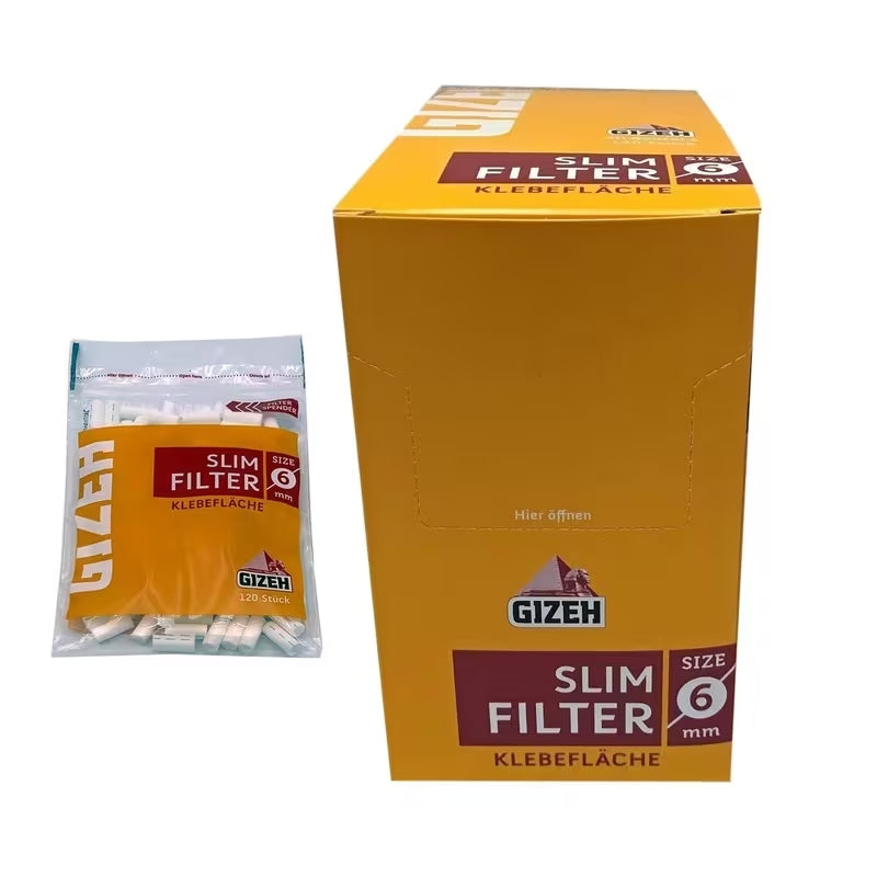 GIZEH Slim Filter – Slim Filter 6mm Durchmesser – Filter mit Klebefläche für besseren Halt – 20er Pack á 120 Filter mit 15mm Länge in wieder verschließbarem Beutel