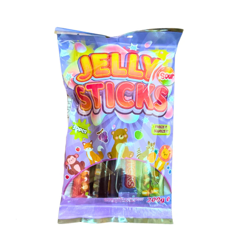 Jelly Sticks Sour 200g mit bunten, einzeln verpackten Gelee-Sticks in fruchtig-sauren Geschmacksrichtungen.