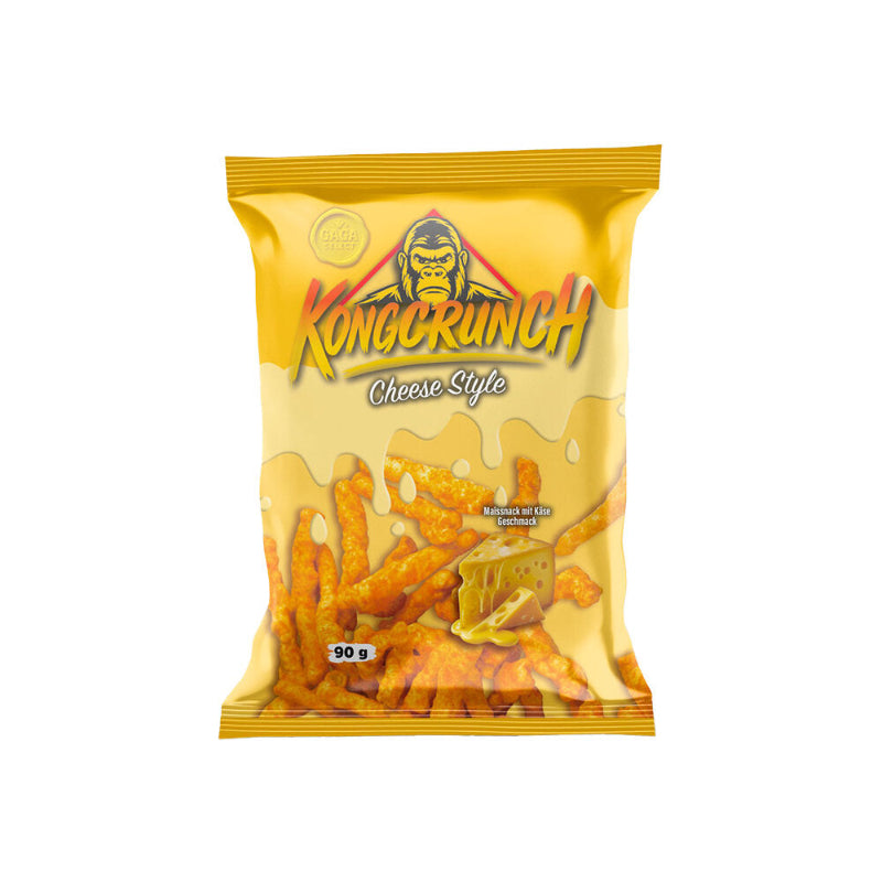 Kongcrunch Cheese Style Beutel 90g Verpackung Vorderseite
Kongcrunch Cheese Style knuspriger Käse Snack 90g
Kongcrunch Cheese Style Crunch Snack Nahaufnahme
Kongcrunch Cheese Style Knabbersnack 90g Produktbild