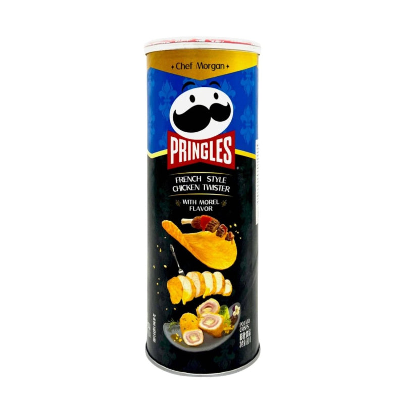 Pringles French Style Chicken Twister with Morel Flavor 80g in der typischen Pringles-Dose mit Hähnchen- und Morchelgeschmack.