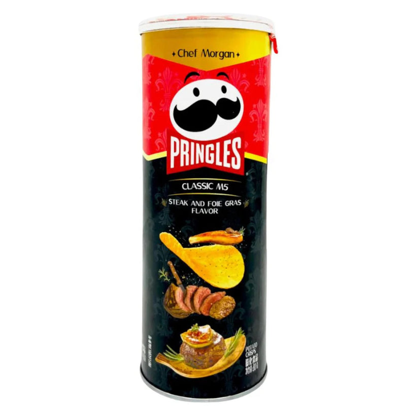 Pringles Classic M5 Steak and Foie Gras Flavor 80g in der klassischen Pringles-Dose mit Gourmet-Würzung.