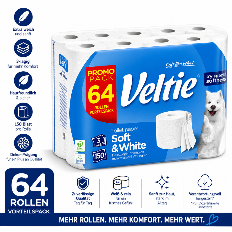 VELTIE Soft & White Toilettenpapier 64 Rollen mit 9600 Blatt