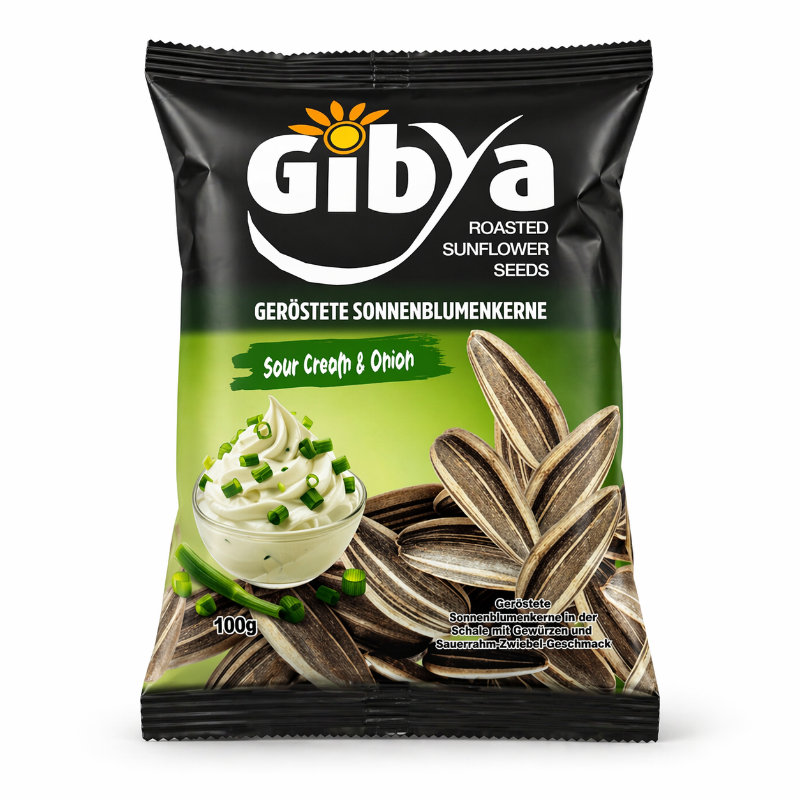 Sonnenblumenkerne Snack mit Sour Cream Dip und Frühlingszwiebeln – Gibya geröstete Kerne in natürlicher Outdoor Szene
