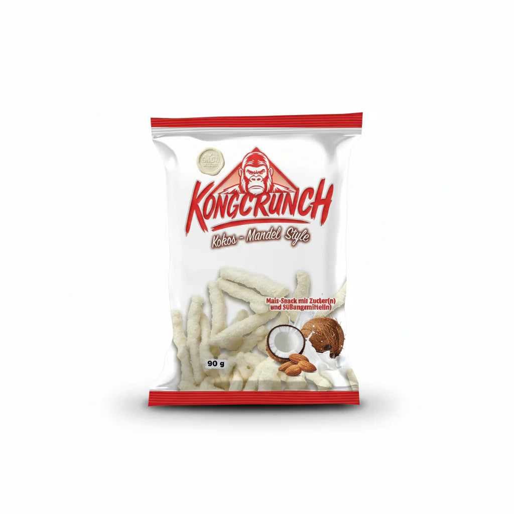 Kongcrunch Kokos-Mandel Style Beutel 90g Verpackung Vorderseite

Kongcrunch Kokos Mandel Style knuspriger Snack 90g

Kongcrunch Kokos Mandel Style Crunch Snack Nahaufnahme

Kongcrunch Kokos Mandel Snack 90g Produktbild