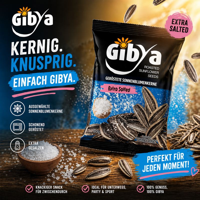 Geröstete Sonnenblumenkerne mit Salz 100g Snack in schwarzer Verpackung von Gibya