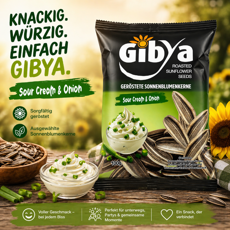 Gibya geröstete Sonnenblumenkerne Sour Cream & Onion 100g – knuspriger Snack mit cremigem Dip und frischen Frühlingszwiebeln