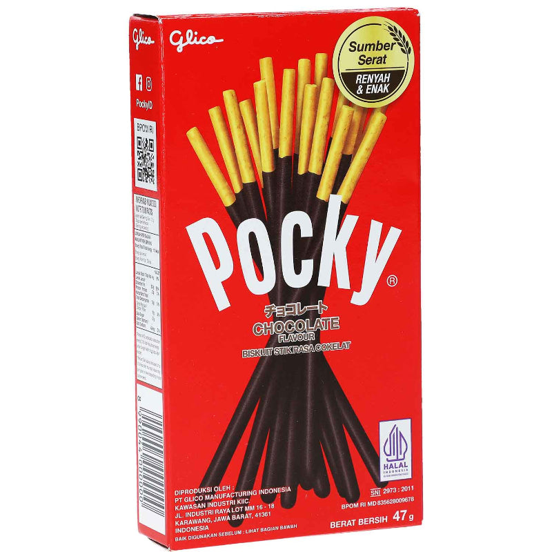 Pocky Schokolade 47g mit knusprigen Keksstangen und feinem Schokoladenüberzug.